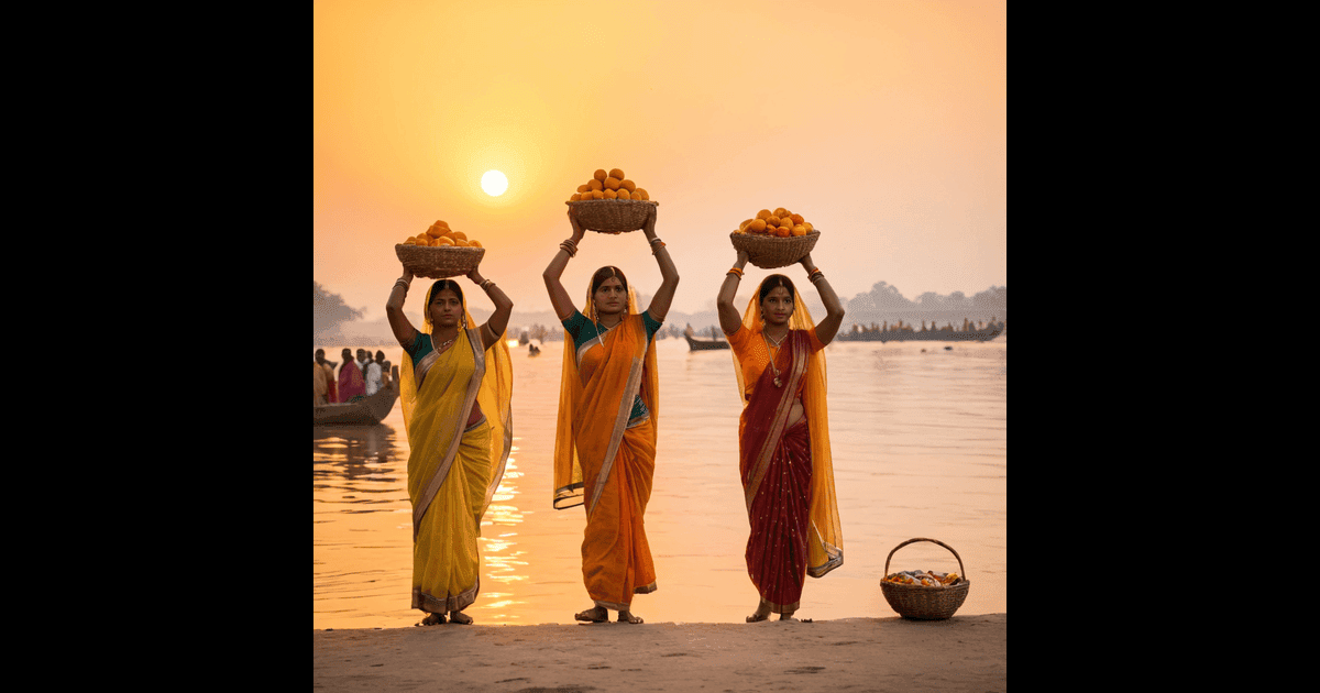 Chhath Puja celebration at the riverbank with devotees offering prayers to the Sun God.