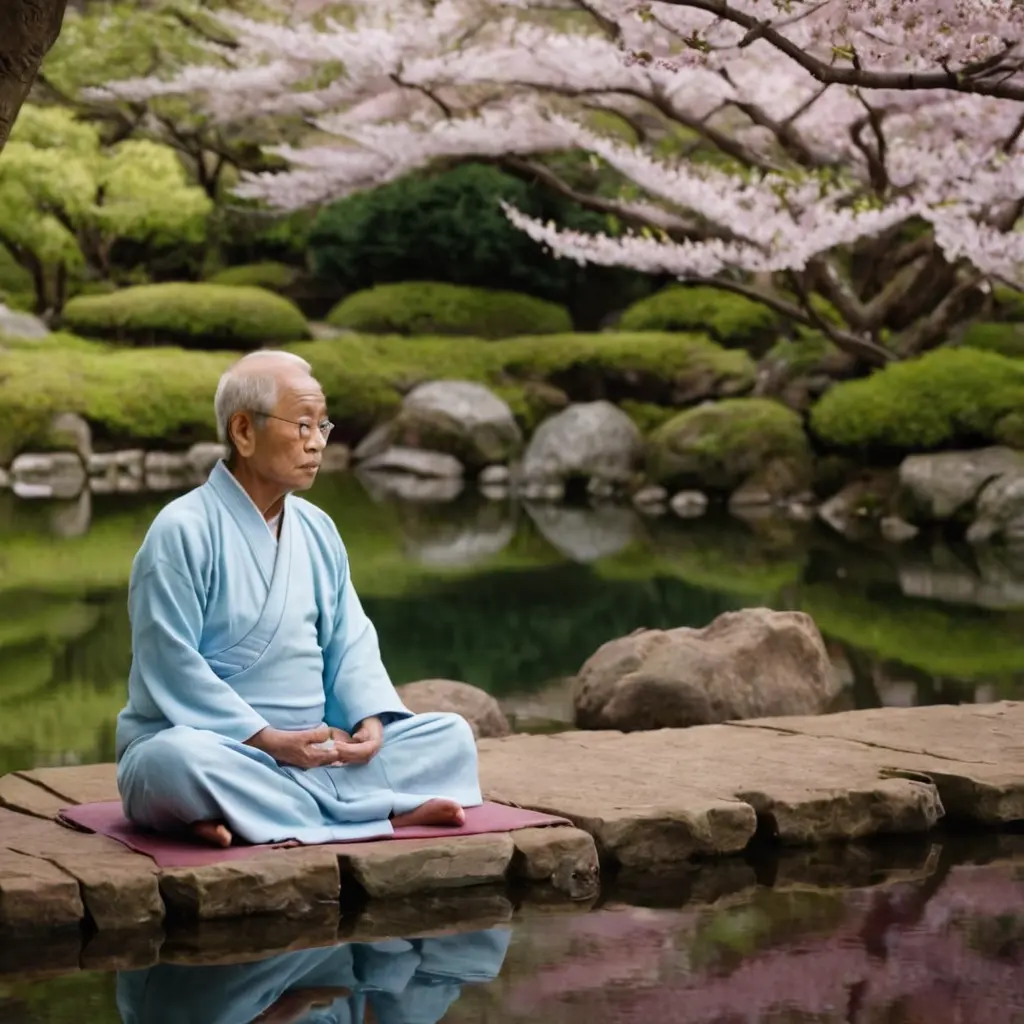 Elderly person meditating in a tranquil Japanese garden surrounded by cherry blossoms, symbolizing mental health and well-being.